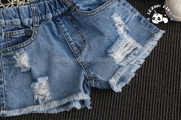 LEZONKIDS - Custom Kids Denim Shorts Mid Waist Casual Western Style Ripped Raw Edge Elastic Waist Cotton Fabric Hot Shorts Pattern Washed